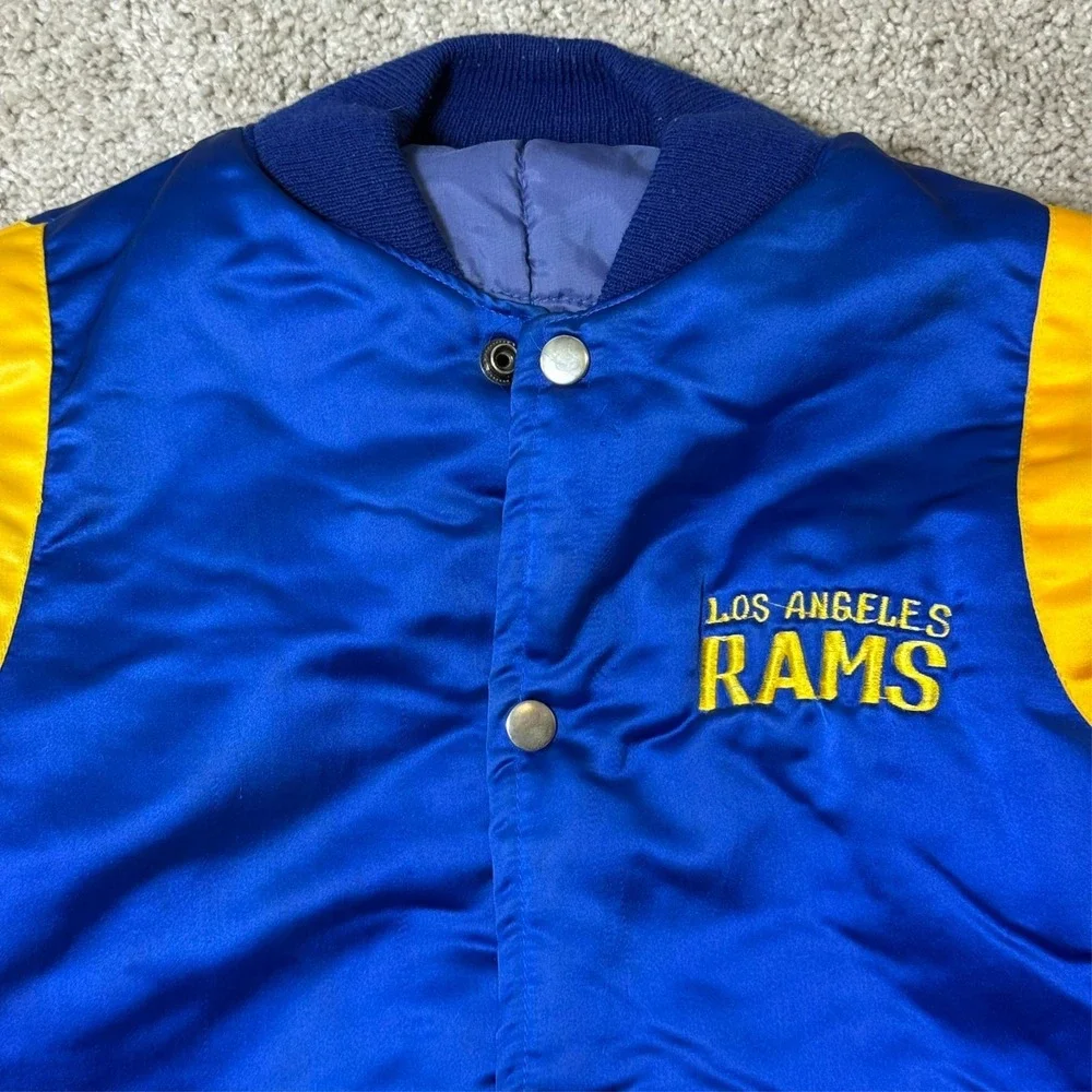 Vintage 80s 90s LA Rams Snap Bomber Jacket Blue Gold NFL Satin Fits Small-Medium